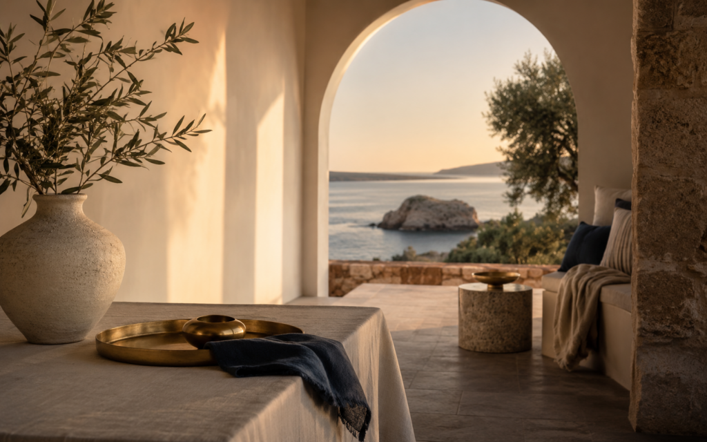 Burgundy passport and brass keys on a sun-warmed limestone ledge with olive leaves, Mediterranean coast at golden hour behind — Greece and Cyprus Golden Visa.