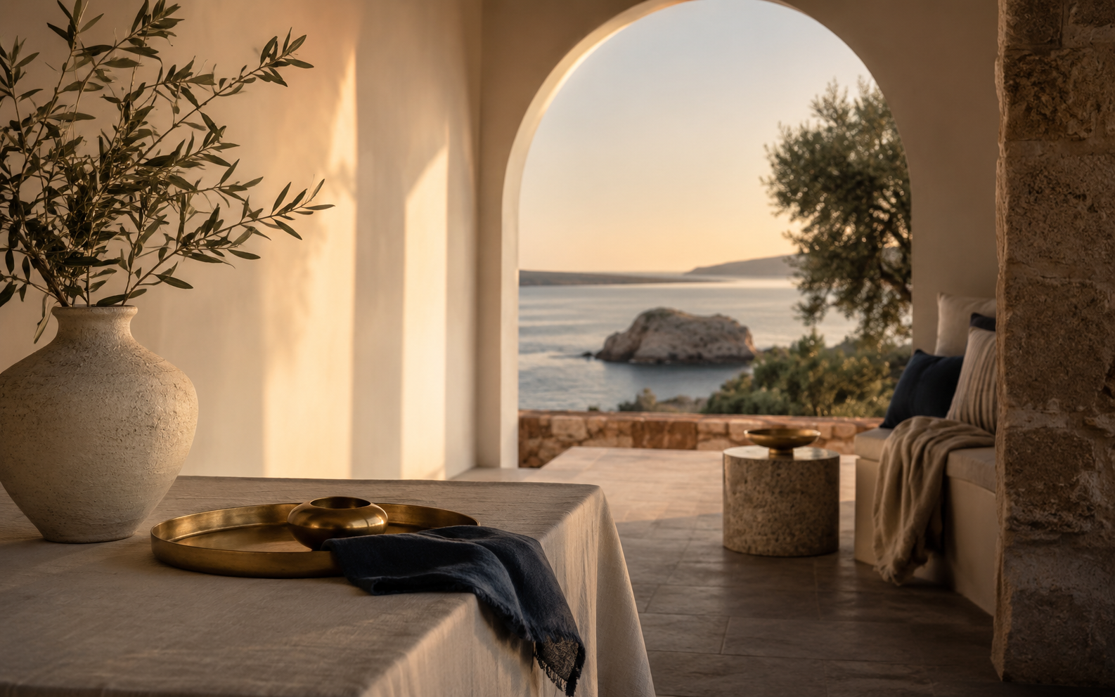 Burgundy passport and brass keys on a sun-warmed limestone ledge with olive leaves, Mediterranean coast at golden hour behind — Greece and Cyprus Golden Visa.