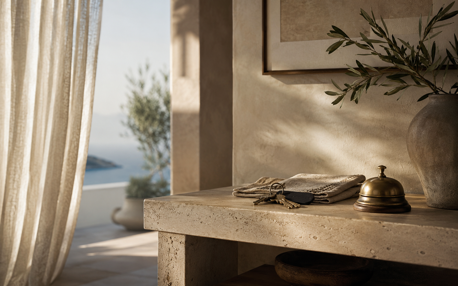 Sea-view terrace with an espresso cup and a closed leather notebook at golden hour — realistic rental yields in Greece and Cyprus.