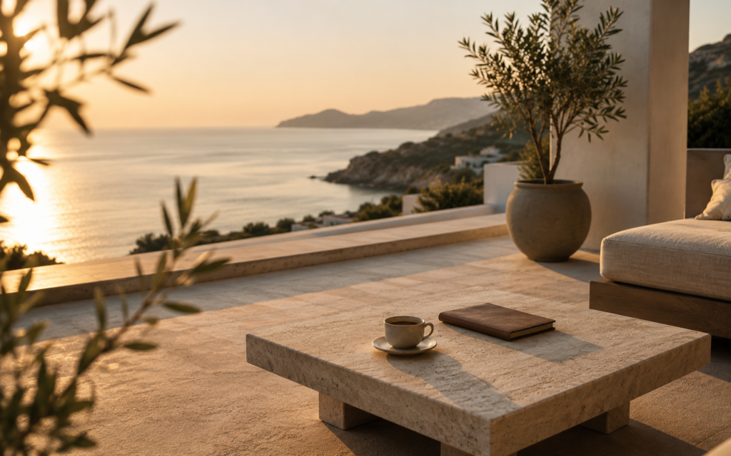 Keys and a concierge bell on a stone console in a well-kept Mediterranean residence — hotel-grade property management for foreign owners.